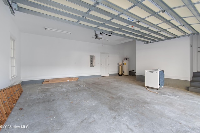 garage with a garage door opener, electric panel, and electric water heater