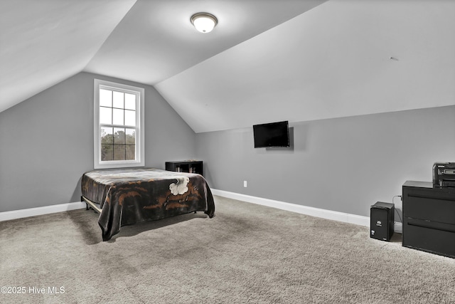 bedroom with lofted ceiling and carpet