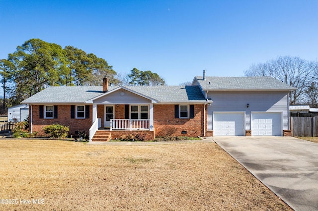 single story home featuring a garage, covered porch, and a front lawn