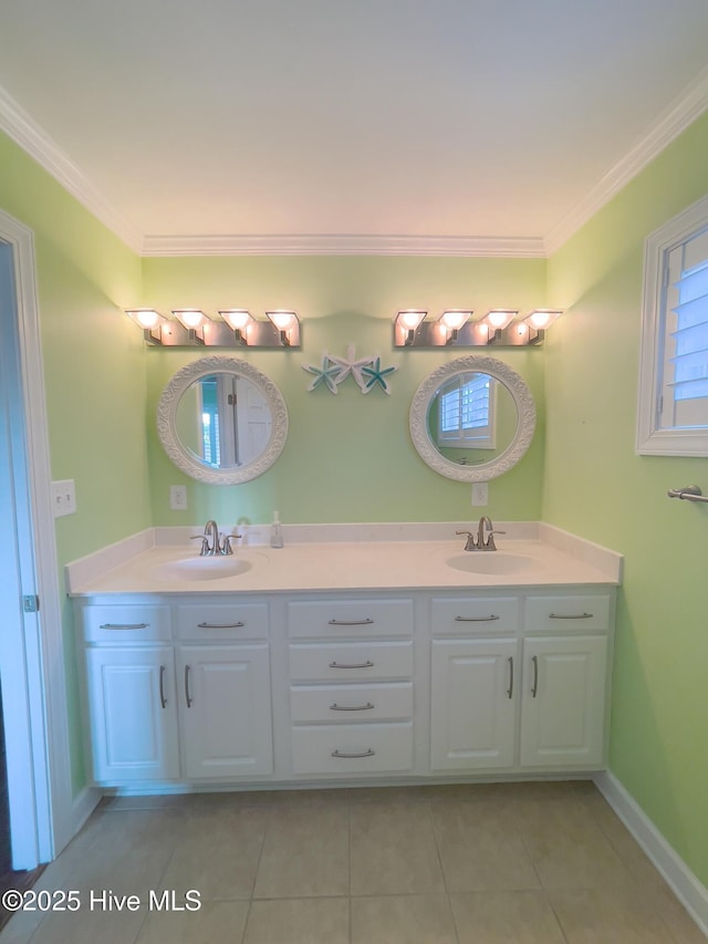 bathroom featuring vanity, tile patterned flooring, and ornamental molding