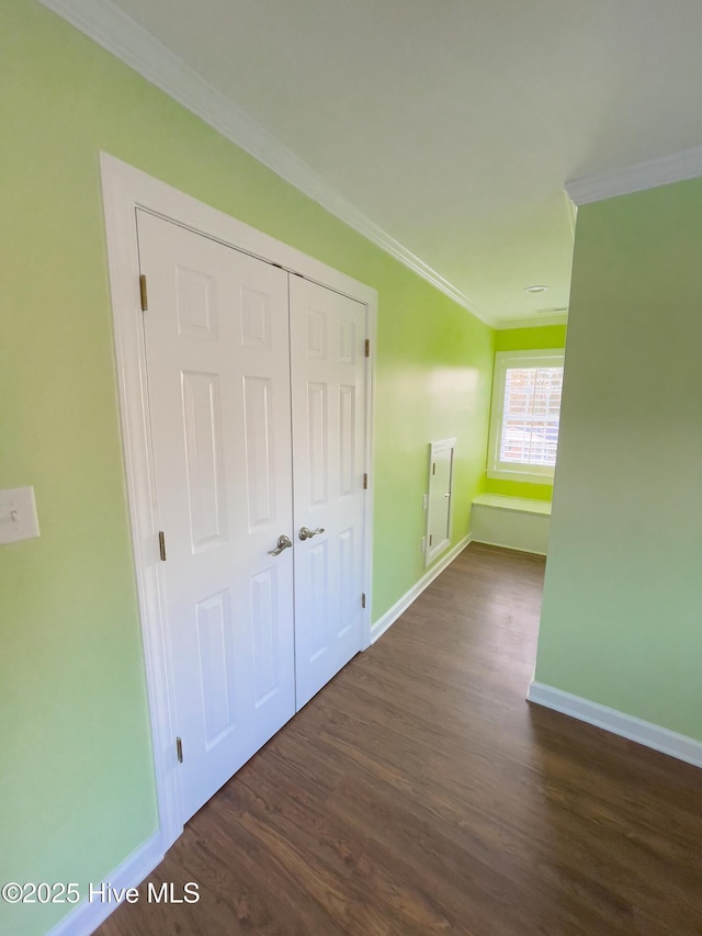 hallway featuring crown molding and dark wood-type flooring