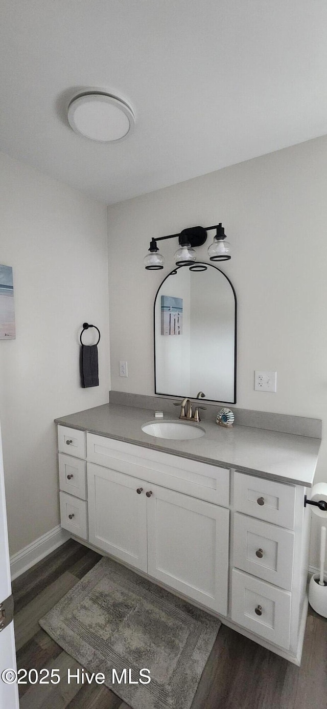 bathroom featuring vanity and wood-type flooring