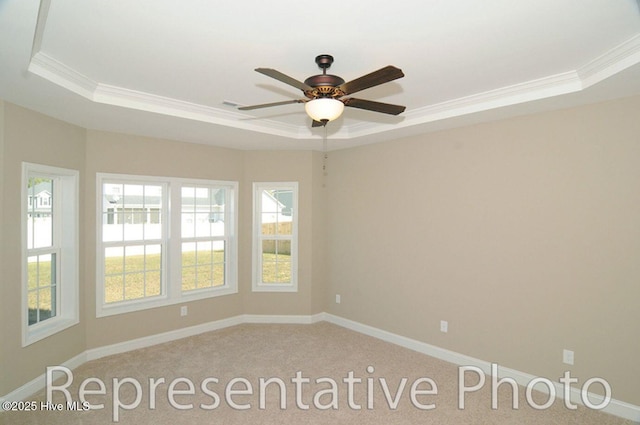 carpeted spare room featuring a raised ceiling, ornamental molding, and ceiling fan