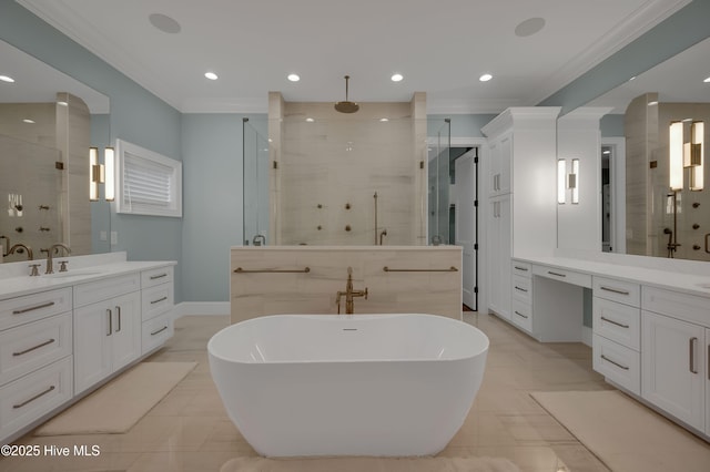 bathroom featuring vanity, crown molding, and plus walk in shower