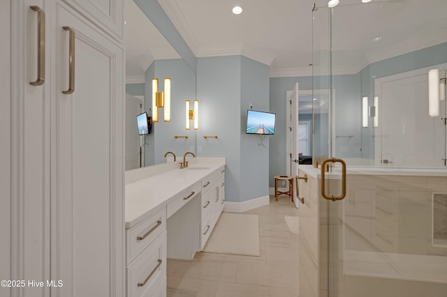 bathroom with crown molding, an enclosed shower, and vanity