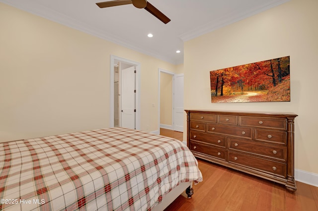 bedroom with crown molding, ceiling fan, and light wood-type flooring