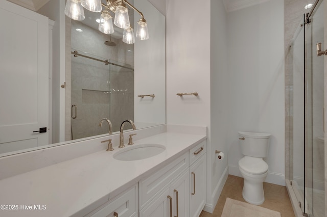 bathroom with walk in shower, vanity, toilet, and tile patterned flooring