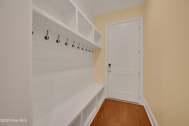 mudroom with crown molding and wood-type flooring