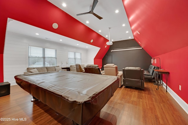 rec room featuring ceiling fan, billiards, lofted ceiling, and light hardwood / wood-style floors