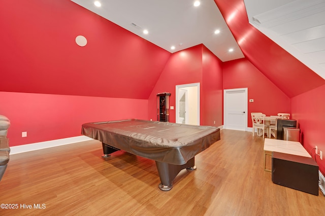 rec room with lofted ceiling, light wood-type flooring, and billiards