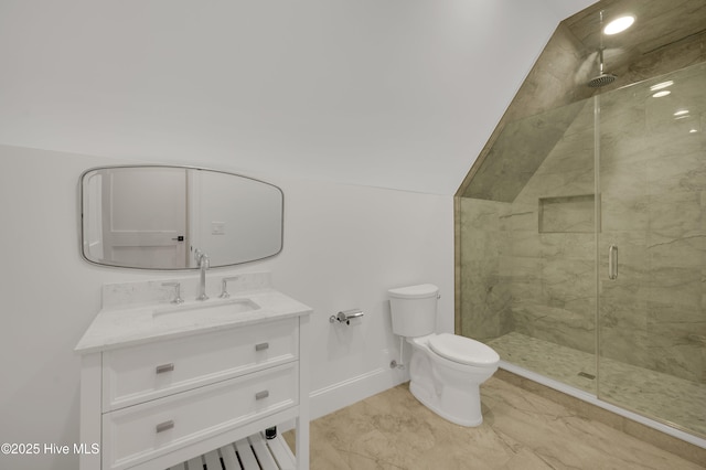 bathroom with vanity, an enclosed shower, and toilet