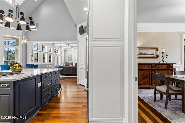 4174 Brookfield Way, Southport, NC 28461 - kitchen featuring dark wood-style flooring, crown molding, light stone counters, a chandelier, and open floor plan