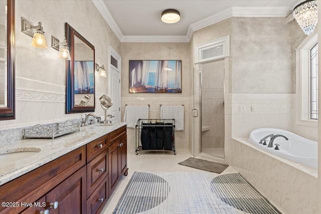4174 Brookfield Way, Southport, NC 28461 - bathroom featuring tile patterned floors, a garden tub, a stall shower, crown molding, and double vanity