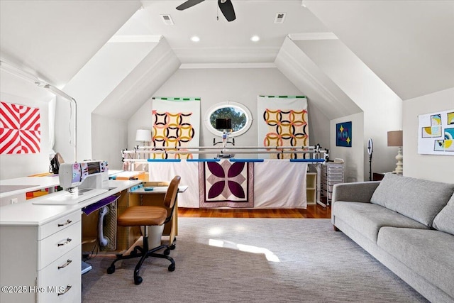 4174 Brookfield Way, Southport, NC 28461 - home office featuring a ceiling fan, vaulted ceiling, and recessed lighting