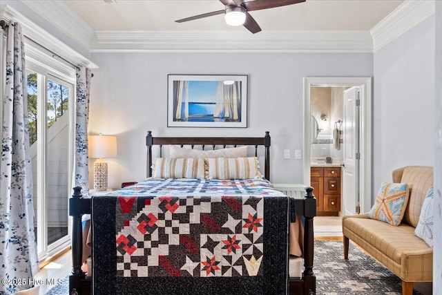 bedroom with connected bathroom, crown molding, ceiling fan, and wood finished floors