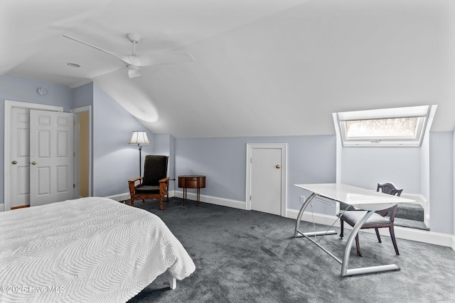 carpeted bedroom featuring ceiling fan and vaulted ceiling