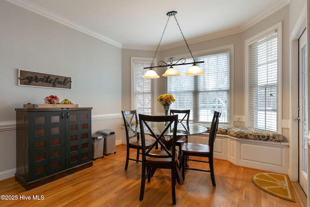 dining room with ornamental molding and hardwood / wood-style floors