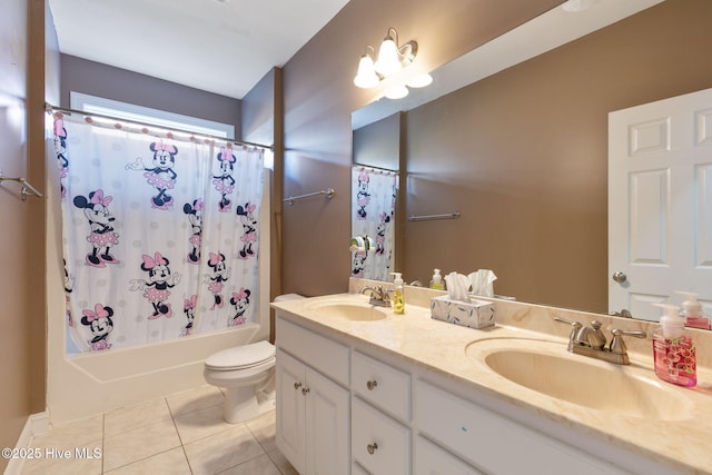 full bathroom featuring toilet, vanity, shower / bathtub combination with curtain, and tile patterned flooring