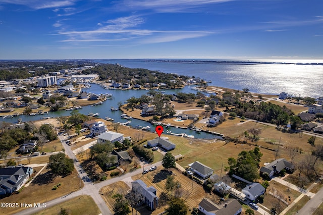 drone / aerial view with a water view