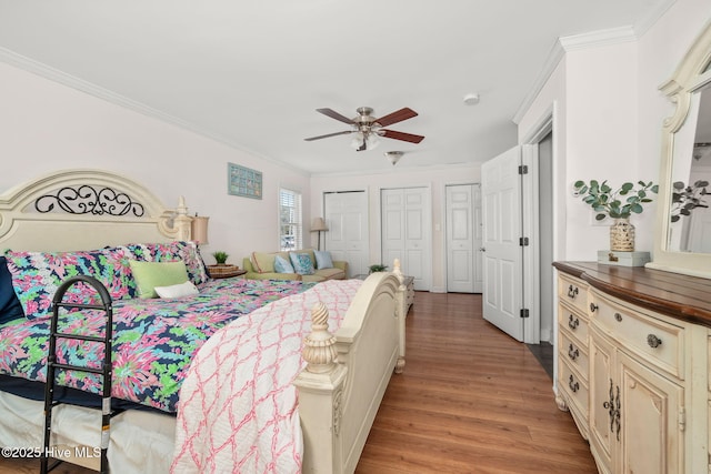 bedroom with ornamental molding, light wood-type flooring, multiple closets, and a ceiling fan