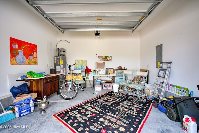 garage with water heater, a garage door opener, and electric panel