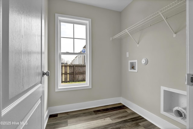 washroom with wood-type flooring, electric dryer hookup, and washer hookup