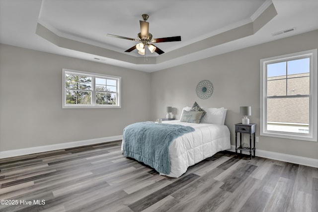 bedroom featuring hardwood / wood-style flooring, a raised ceiling, and multiple windows