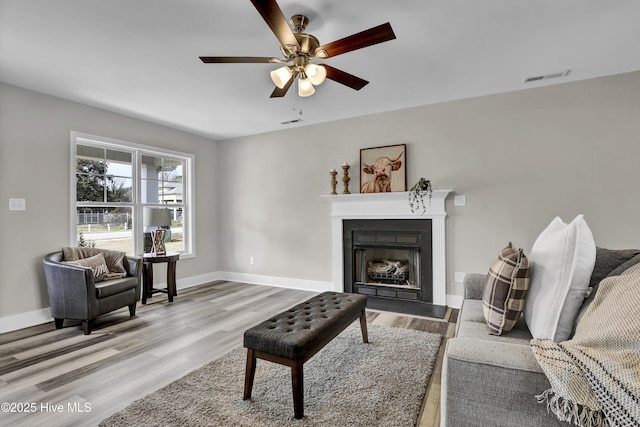 living room with hardwood / wood-style flooring and ceiling fan