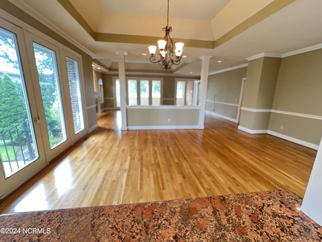 spare room with ornate columns, light hardwood / wood-style floors, a tray ceiling, crown molding, and a healthy amount of sunlight