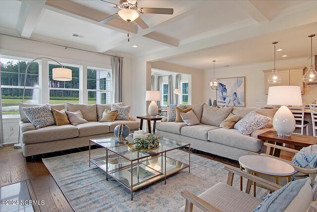 1024 Peace St Lot 73, Leland, NC 28451 - living room featuring hardwood / wood-style floors, coffered ceiling, a ceiling fan, beam ceiling, and recessed lighting