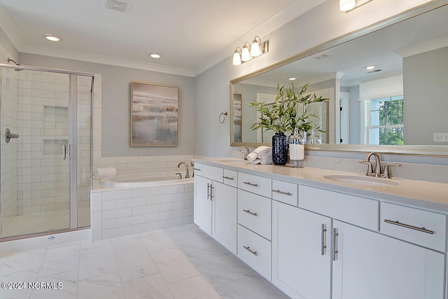 1024 Peace St Lot 73, Leland, NC 28451 - bathroom with a stall shower, a bath, recessed lighting, double vanity, and marble finish flooring