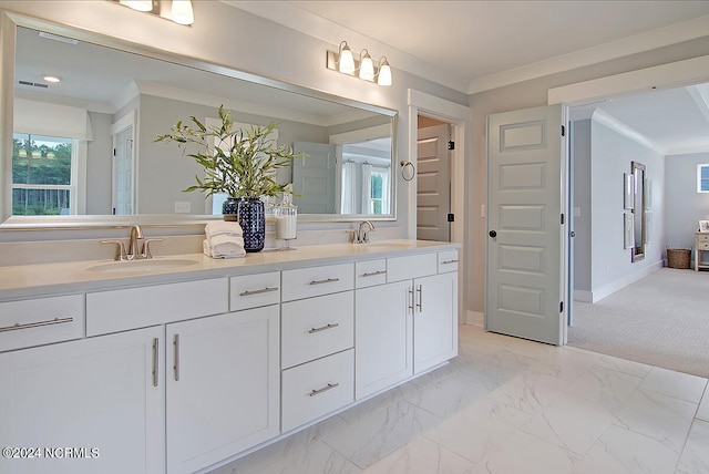 1024 Peace St Lot 73, Leland, NC 28451 - bathroom with ornamental molding, double vanity, and marble look tiles