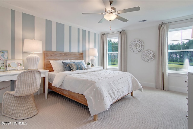 1024 Peace St Lot 73, Leland, NC 28451 - bedroom with wallpapered walls, light colored carpet, baseboards, and a ceiling fan