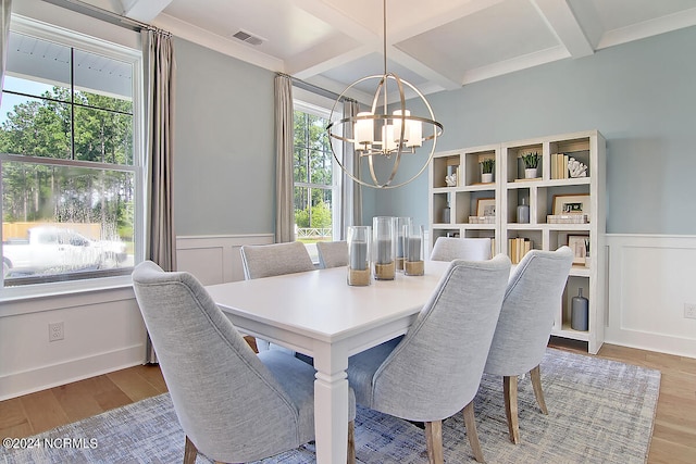 1024 Peace St Lot 73, Leland, NC 28451 - dining area with coffered ceiling, a chandelier, a wainscoted wall, beamed ceiling, and wood finished floors