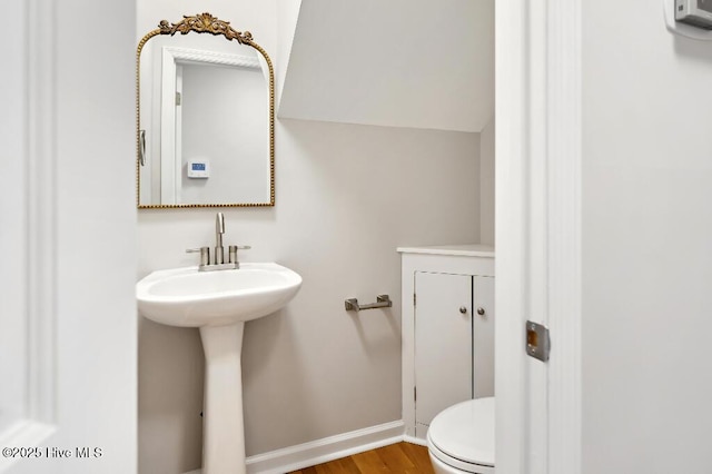 bathroom with wood-type flooring, sink, and toilet