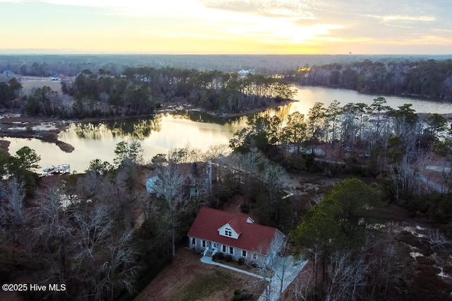 aerial view at dusk with a water view