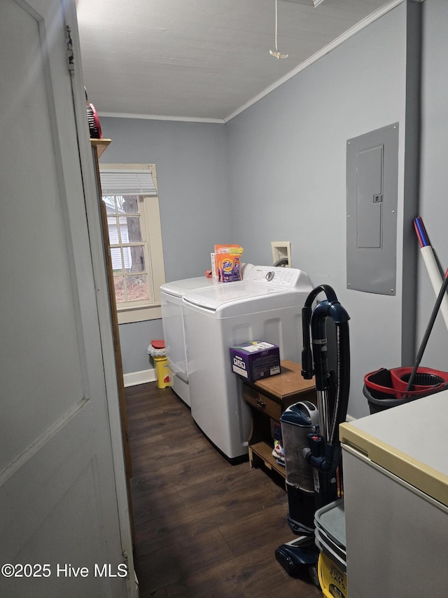 laundry area featuring ornamental molding, dark wood-type flooring, electric panel, and independent washer and dryer