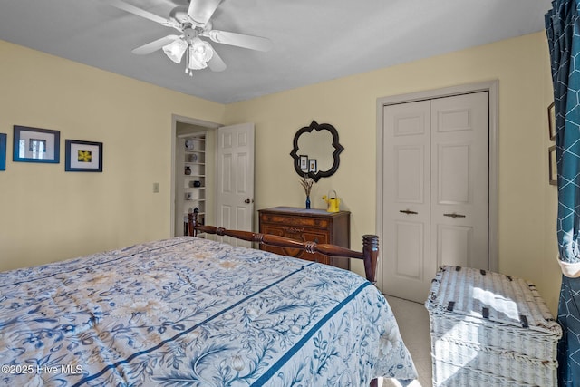 bedroom featuring ceiling fan, a closet, and carpet flooring