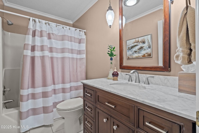 bathroom featuring toilet, shower / bathtub combination with curtain, crown molding, and vanity