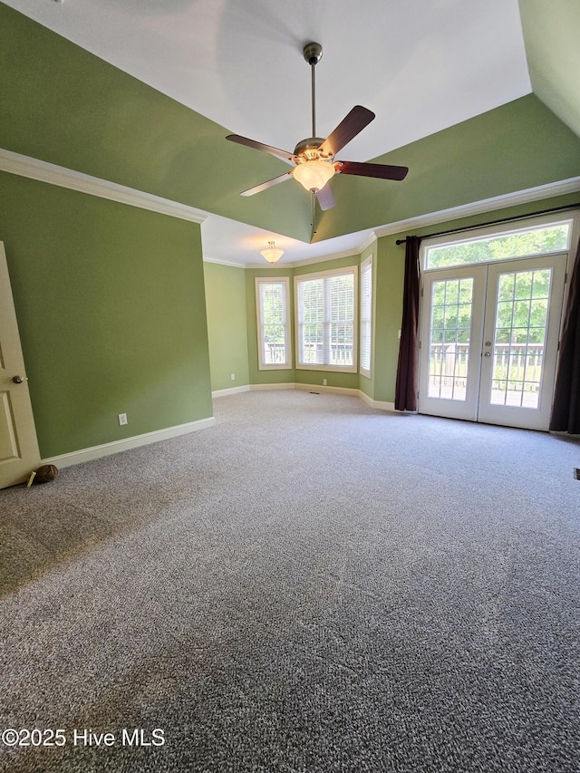108 Casey Ct, Cedar Point, NC 28584 - carpeted empty room featuring ornamental molding, ceiling fan, baseboards, and french doors