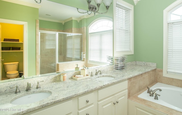 108 Casey Ct, Cedar Point, NC 28584 - full bathroom with a shower stall, toilet, double vanity, a garden tub, and crown molding