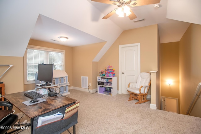 108 Casey Ct, Cedar Point, NC 28584 - office area featuring a ceiling fan, carpet flooring, lofted ceiling, and baseboards
