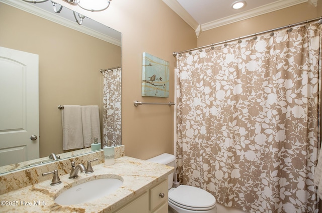 108 Casey Ct, Cedar Point, NC 28584 - full bathroom with crown molding, toilet, vanity, and a shower with shower curtain
