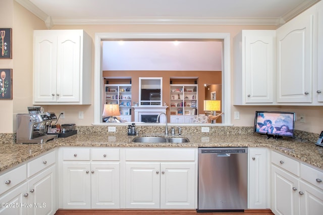 108 Casey Ct, Cedar Point, NC 28584 - kitchen featuring stainless steel dishwasher, a sink, white cabinets, light stone countertops, and ornamental molding