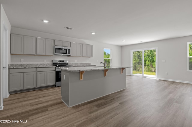 6986 Seaside Palms Pl SW, Sunset Beach, NC 28468 - kitchen featuring appliances with stainless steel finishes, gray cabinetry, healthy amount of natural light, and recessed lighting