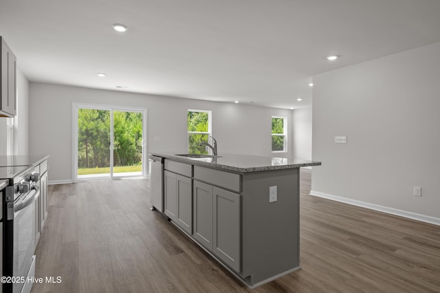 6986 Seaside Palms Pl SW, Sunset Beach, NC 28468 - kitchen with gray cabinetry, stainless steel appliances, dark wood finished floors, a kitchen island with sink, and recessed lighting