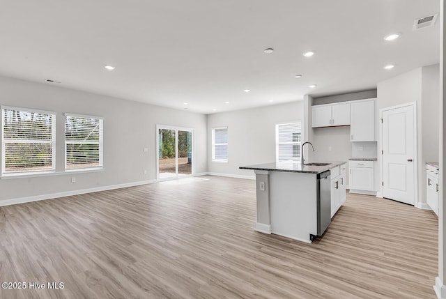 kitchen featuring sink, white cabinetry, stainless steel dishwasher, dark stone counters, and a kitchen island with sink