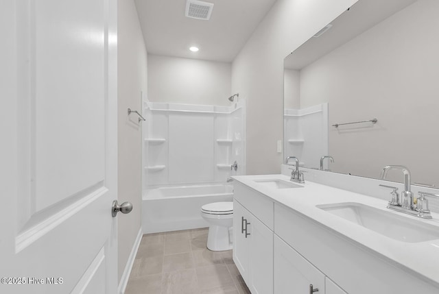 full bathroom with vanity, toilet, bathing tub / shower combination, and tile patterned flooring