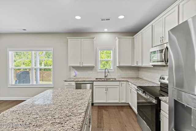 kitchen featuring visible vents, a sink, dark wood-type flooring, and stainless steel appliances