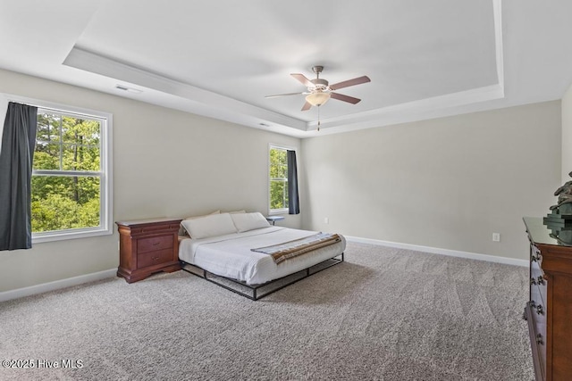 bedroom featuring carpet, a raised ceiling, multiple windows, and baseboards